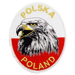 Embroidered white eagle on a red and white oval.