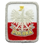 Embroidered white eagle on a red and white background with Polska (Poland) on a lower scroll.