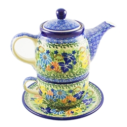 Polish Pottery 16 oz. Personal Teapot Set. Hand made in Poland. Pattern U2202 designed by Maria Starzyk.