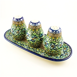 Polish Pottery Salt, Pepper, Toothpick Set. Hand made in Poland. Pattern U151 designed by Maryla Iwicka.