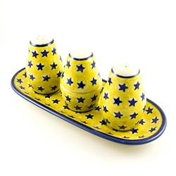 Polish Pottery Salt, Pepper, Toothpick Set. Hand made in Poland and artist initialed.