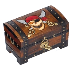 There be pirates here! This chest style box with a footed base is decorated as a pirate's treasure chest complete with painted lock and pirate skull with crossed scimitars behind it. Lock and key