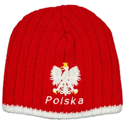 Display your Polish heritage! Red and white stretch ribbed-knit skull cap, which features Poland's national symbol the crowned white eagle in white letters above Polska (Poland). Easy care acrylic fabric. One size fits most. Imported from Poland.