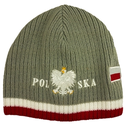 Display your Polish heritage! grey stretch ribbed-knit skull cap, which features Poland's national symbol the crowned eagle. Easy care acrylic fabric. One size fits most. Imported from Poland.