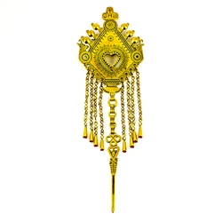 This Gorale pin is normally worn in the center of the man's shirt. Hand worked from brass with intricate detailing by one master artisan in Bukowina near Zakopane. The workmanship is exquisite and the detail so rich these decorations have become collector