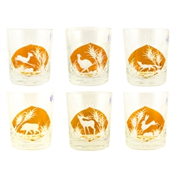 Stunning set of 6 Polish Hand-Cut Lowball Glasses depicting outdoor wildlife scenes.  The scenes include deer, boar, wolf, grouse, elk and hares in the wild.  Great gift for that special person who loves the outdoors.