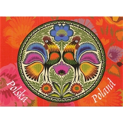 This beautiful note card features a pair roosters, the traditional symbol representing fertility and bounty. The scene is framed in a bright red floral background. The mailing envelope features flowers in both the foreground and background. Spectacular!