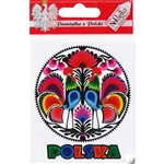 Polish paper cut featuring roosters on a round sticker and the word Polska (Poland) underneath.  The sticker peels off the glossy
paper backing in two parts: 1. The round paper cut and  2.The word Polska.  This is thin material so peel carefully.