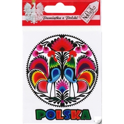 Polish paper cut featuring roosters on a round sticker and the word Polska (Poland) underneath.  The sticker peels off the glossy
paper backing in two parts: 1. The round paper cut and  2.The word Polska.  This is thin material so peel carefully.