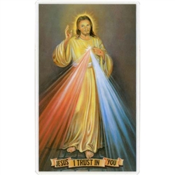 The Divine Mercy picture of Christ as shown on the front and the Chaplet of the Divine Mercy, from the diary of the Servant of God Sr. Faustina, on the reverse.