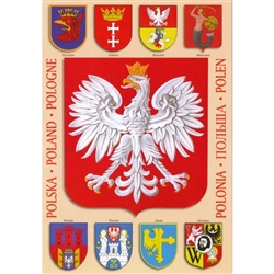 The Emblem of Poland, The Polish Eagle, surrounded by the coats of arms of 8 of Poland's major cities:
Szczecin, Gdansk, Bialystok, Warsaw, Krakow, Poznan, Opole and Wroclaw.