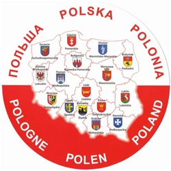 The map of Poland with its political divisions and the coats of arms for each state.