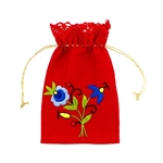 Beautiful embroidered Kashubian design red linen pouch made from Polish linen. Draw string closure. Floral designs vary.