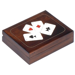This double card box has two compartments, side by side, to hold two standard decks of playing cards. A card design featuring the Ace of each suite decorates the lid and is accented with metal inlay.