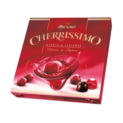 Deluxe box of dark chocolate covered cherries in liqueur. Each piece is wrapped in foil.  Contains alcohol so these are not for children.