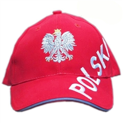 Stylish red cap with silver and white thread embroidery. The front of the cap features a silver Polish Eagle with gold crown and talons. Polish flag on the back. Features an adjustable cloth and metal tab in the back. Designed to fit most people.