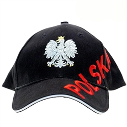 Stylish black cap with silver, red and white thread embroidery. The front of the cap features a silver Polish Eagle with gold crown and talons. Polish flag on the back. Features an adjustable cloth and metal tab in the back. Designed to fit most people.