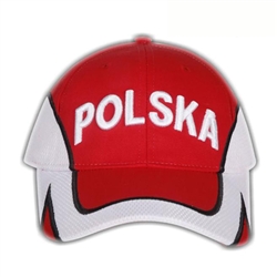 Stylish red cap with white thread embroidery. The front of the cap features Polska (Poland) and the back has the Polish flag. Features an adjustable cloth Velcro tab in the back.  Designed to fit most people.