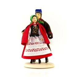 Our lovely couple are from south central Poland in the Swietokrzyskie Mountains not far from Kielce. These dolls are perfect, clothed in authentic regional folk costumes, as certified by the Polish Ministry of Culture. These traditional Polish dolls are c