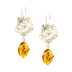 Honey Amber And Silver Filigree Earrings