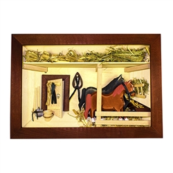 Poland has a long history of craftsmen working with wood in southern Poland. Their workshops produce beautiful hand made boxes, plates and carvings. This shadow box is a look inside a traditional Polish horse barn.. Note the nice attention to detail.