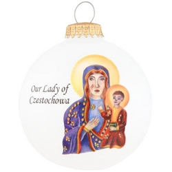 Our Lady of Czestochowa round glass ornament is sure to pierce your heart with reverence for the Holiness of our great Lord! Artfully crafted from glass in the USA, our exclusive 3¼" tall round white ornament displays beautiful artwork depicting the relig