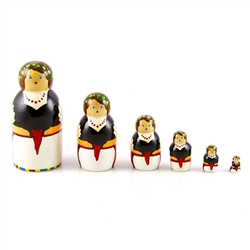 These nesting dolls come in a set of 6 ranging from 15 to 85 millimetres in size.  Made primarily from silver birch which is seasoned for a number of years before being cut and painted.