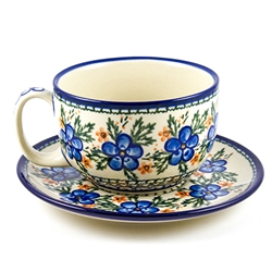 Polish Pottery 13 oz. Cup and Saucer Set. Hand made in Poland and artist initialed.