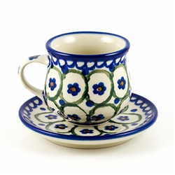 Polish Pottery 3 oz. Espresso Cup and Saucer. Hand made in Poland and artist initialed.