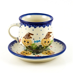 Polish Pottery 3 oz. Espresso Cup and Saucer. Hand made in Poland and artist initialed.