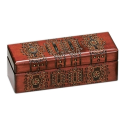 Brass inlay, lacquered, detailed filigree motif. Deep red finish.