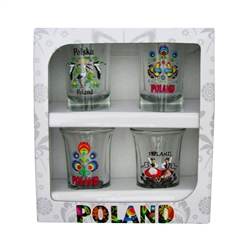 Set of 4 shot glasses decorated in Polish folk motifs: Krakow Folk Dancers, Lowicz Folk Roosters, Lowicz Flowers, and Storks.
The set is packed in a decorative and sturdy gift box.