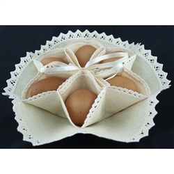 A perfect way to serve and display your boiled eggs. This holder is 100% cotton. Folds flat for easy storage. Ties together to form the holders.