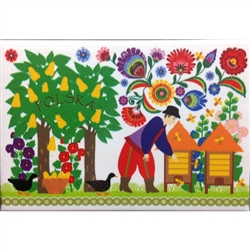 A Polish paper cut scene of a farmer and his orchard from the Lowicz region.  This magnet is about the size of a business card, is non-flexible with a strong magnet.