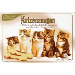 Not sure how or where this European tradition started but they are cute! Milk chocolate pieces in the shape of cat tongues. And no...they are not for cats. This box contains delicious tongue shaped mixed milk and white chocolate.
