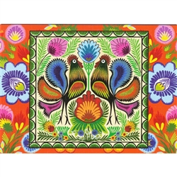 This beautiful note card features a pair of roosters, the traditional symbol representing fertility and bounty.  The scene is framed in a bright green floral background. The mailing envelope features flowers in both the foreground and background.  Spectac