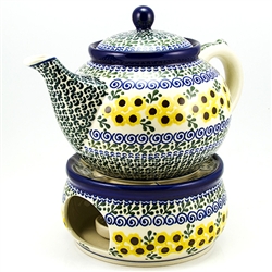 Polish Pottery 40 oz. Teapot and Warmer Set. Hand made in Poland and artist initialed.