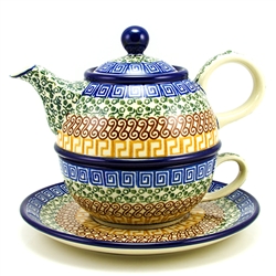 Polish Pottery 20 oz. Personal Teapot Set. Hand made in Poland and artist initialed.