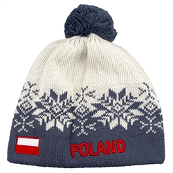 Display your Polish heritage!  Grey stretch ribbed-knit winter cap with the word Poland next to the Polish flag. Easy care acrylic fabric.  Once size fits most. Made In Poland.