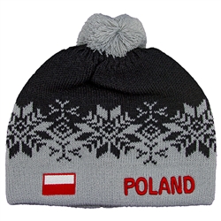 Display your Polish heritage! Grey stretch ribbed-knit winter cap with the word Poland next to the Polish flag. Easy care acrylic fabric. Once size fits most. Made In Poland.