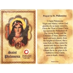 St Philomena Holy Card This unique prayer card contains a third class relics on the front with the prayer on the back. Please note that these are third class relics and are not first or second class with a piece of cloth touched to the relics.