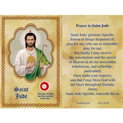 St Jude Holy Card This unique prayer card contains a third class relics on the front with the prayer on the back. Please note that these are third class relics and are not first or second class with a piece of cloth touched to the relics.