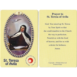 St Teresa of Avila Holy Card This unique prayer card contains a third class relics on the front with the prayer on the back. Please note that these are third class relics and are not first or second class with a piece of cloth touched to the relics.