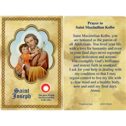 St Joseph Holy Card This unique prayer card contains a third class relics on the front with the prayer on the back. Please note that these are third class relics and are not first or second class with a piece of cloth touched to the shrine.