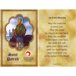 St Patrick Holy Card This unique prayer card contains a third class relics on the front with the prayer on the back. Please note that these are third class relics and are not first or second class with a piece of cloth touched to the shrine.
