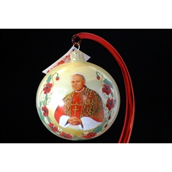 Created to commemorate the Sainthood of John Paul II on April 27, 2014. Beautiful hand blown and decorated glass ornament.