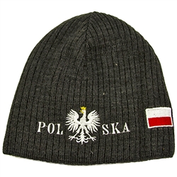 Display your Polish heritage! Stretch fine knit skull cap with the word Polska (Poland) divided by an embroidered Polish Eagle. Easy care acrylic fabric. Once size fits most. Imported from Poland. Available in charcoal only.