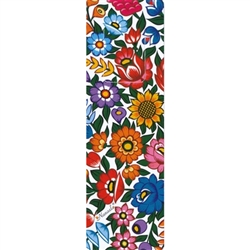 This is a beautiful Zalipie style wycinanka printed on a tab-style bookmark featuring multi-colored folk flowers with a white background.