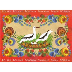 This beautiful note card features a family of nesting storks as they raise their young each summer in Poland.  The scene is framed in a bright red floral background. The mailing envelope features flowers in both the foreground and background. Spectacular!