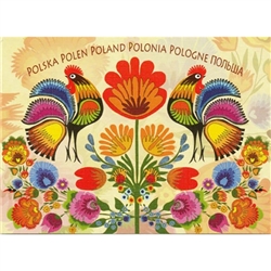 This beautiful note card features a pair roosters, the traditional symbol representing fertility and bounty below the words for Poland in 6 languages. The mailing envelope features flowers in both the foreground and background. Spectacular!